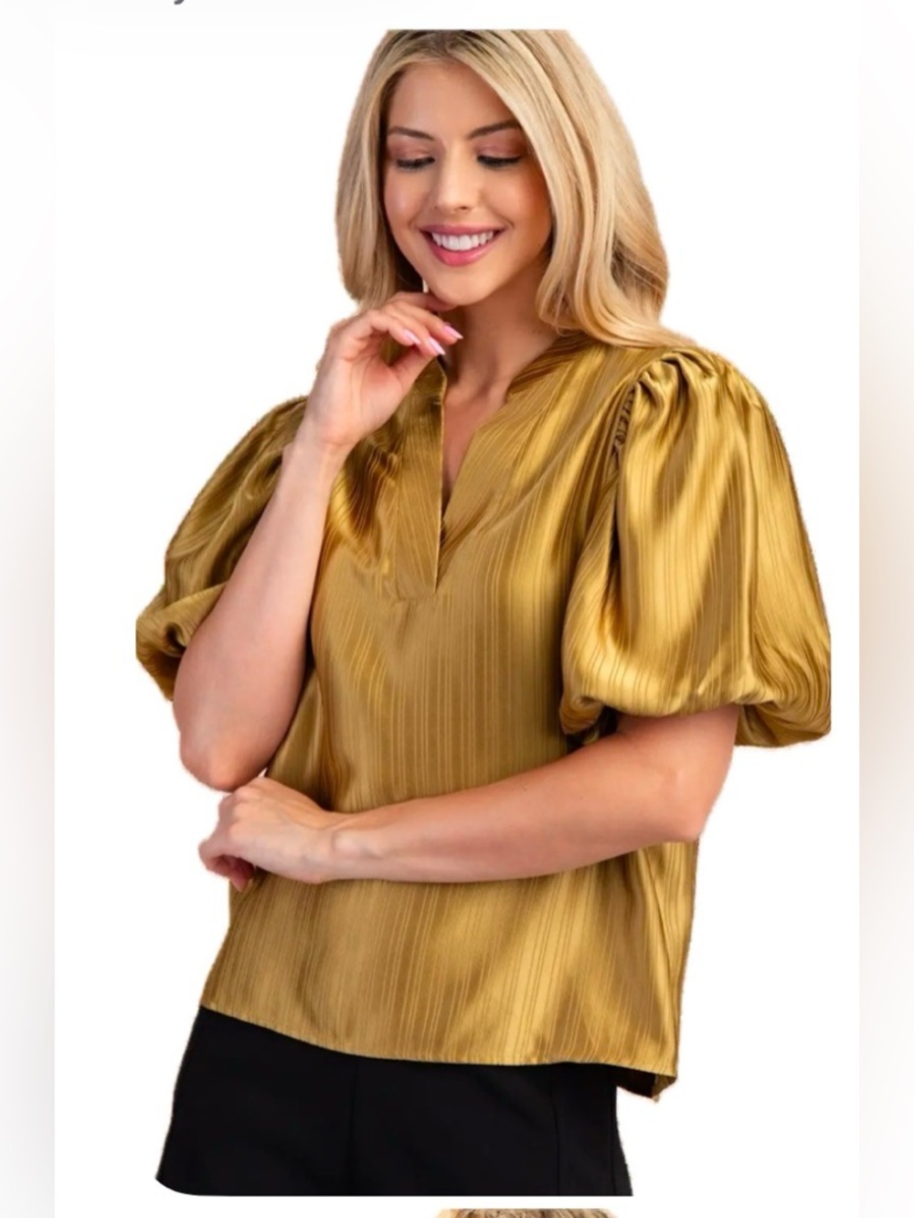 GLAM  Puff-Sleeve V-Neck Blouse Large NWOT